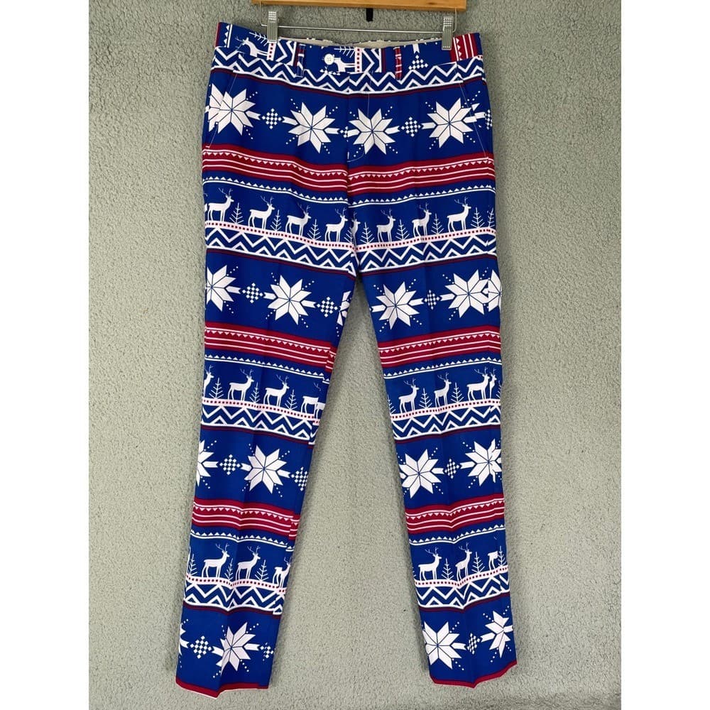 OPPOSUITS Mens Ugly Christmas Pants Reindeer Snowflake Blue Red Size 38W 31L - Thumbnail 7