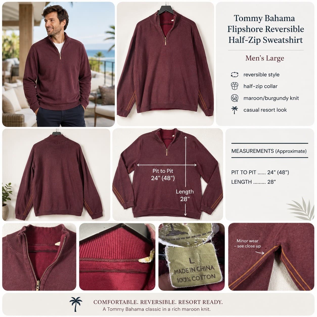 Tommy Bahama Flipshore Sweatshirt Mens Large Reversible Half Zip Burgundy - Thumbnail 2