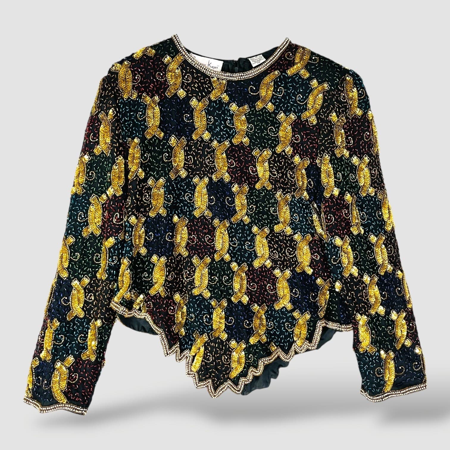 Laurence Kazar Beaded Silk Top Womens XXL Black Gold Vintage 90s Evening
