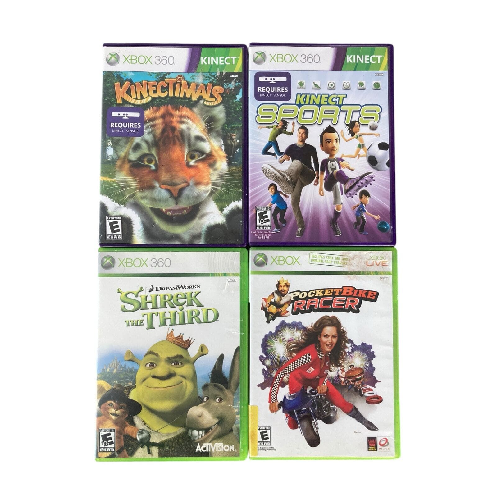 Xbox 360 Game Lot Kinect Sports Kinectimals Shrek PocketBike Racer 4 Games