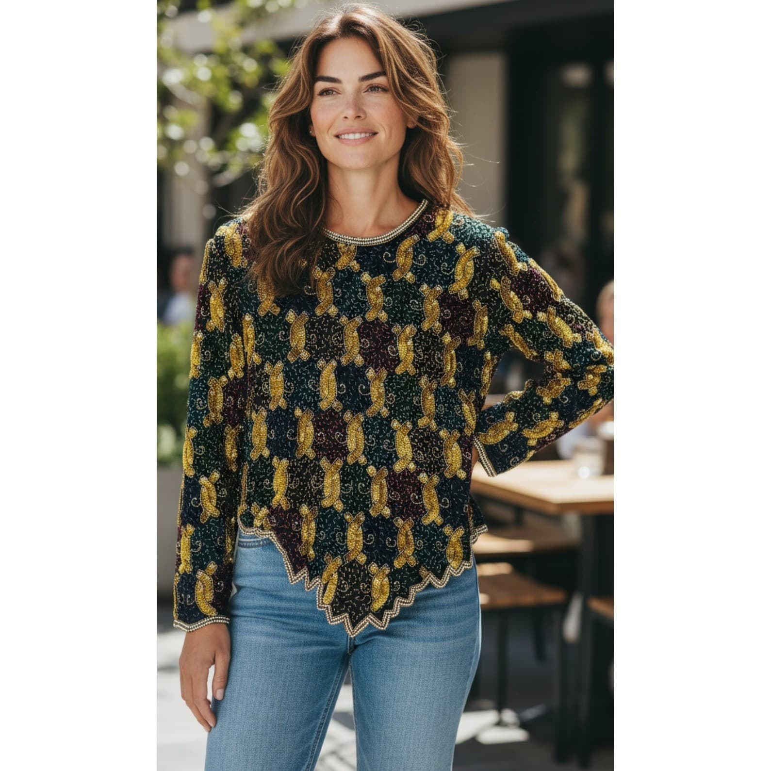 Laurence Kazar Beaded Silk Top Womens XXL Black Gold Vintage 90s Evening - Thumbnail 2