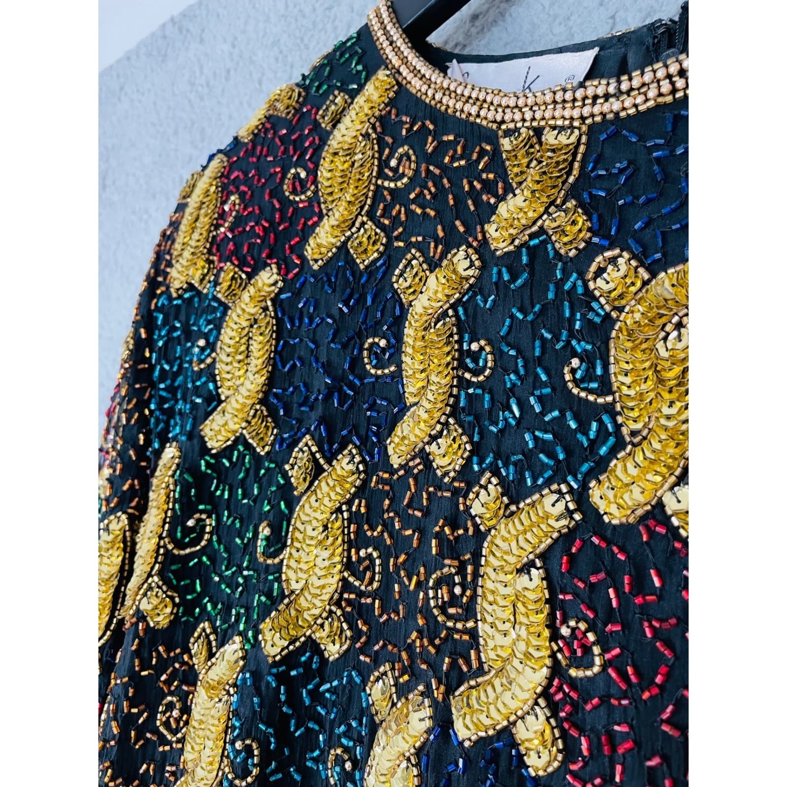 Laurence Kazar Beaded Silk Top Womens XXL Black Gold Vintage 90s Evening - Thumbnail 10