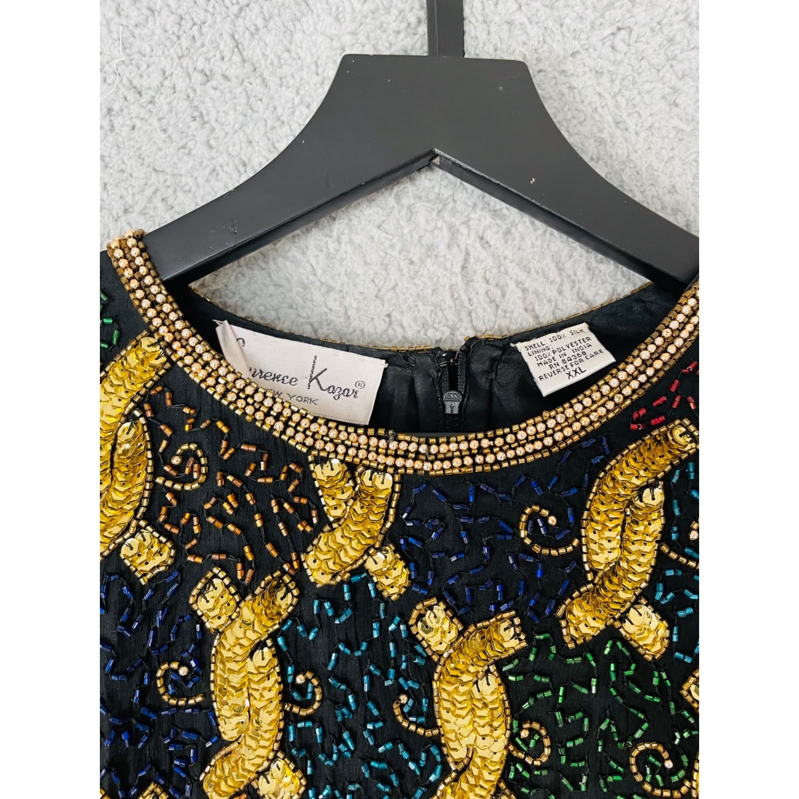 Laurence Kazar Beaded Silk Top Womens XXL Black Gold Vintage 90s Evening - Thumbnail 11