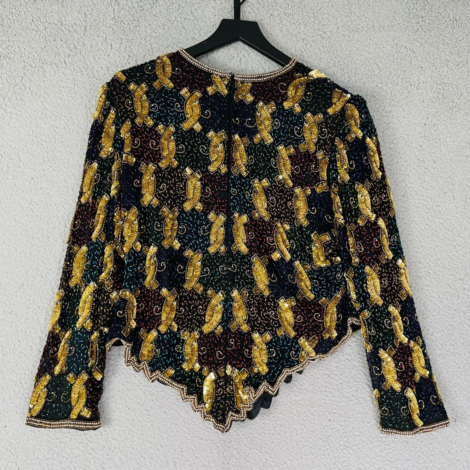 Laurence Kazar Beaded Silk Top Womens XXL Black Gold Vintage 90s Evening - Thumbnail 8