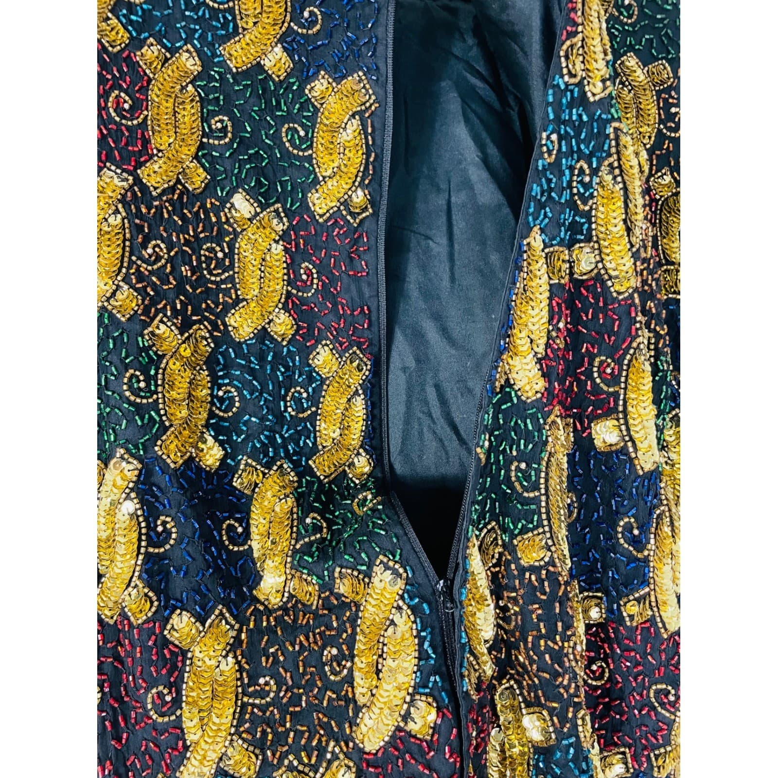 Laurence Kazar Beaded Silk Top Womens XXL Black Gold Vintage 90s Evening - Thumbnail 15