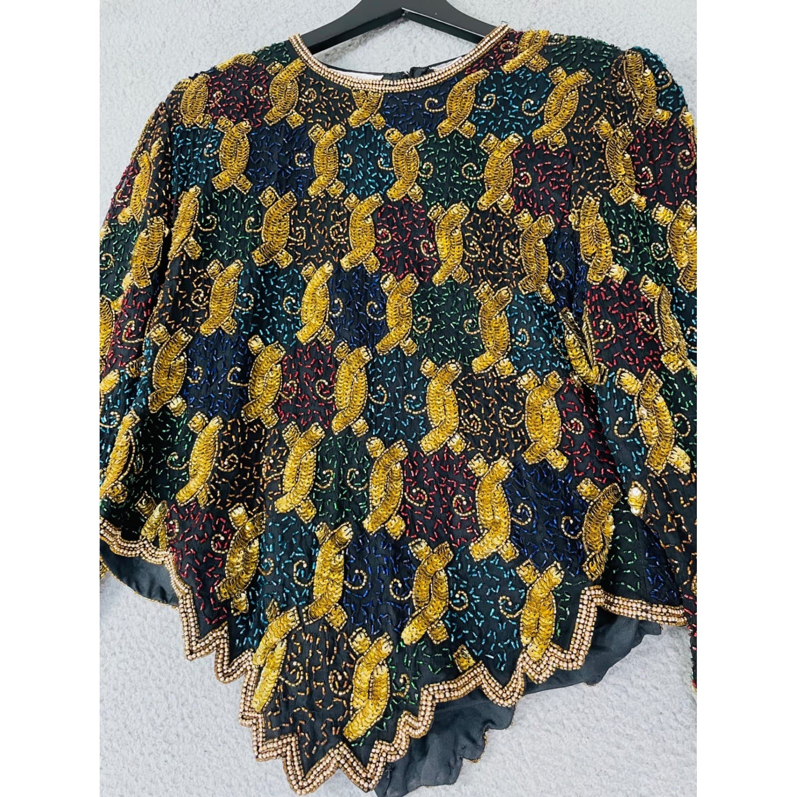 Laurence Kazar Beaded Silk Top Womens XXL Black Gold Vintage 90s Evening - Thumbnail 13
