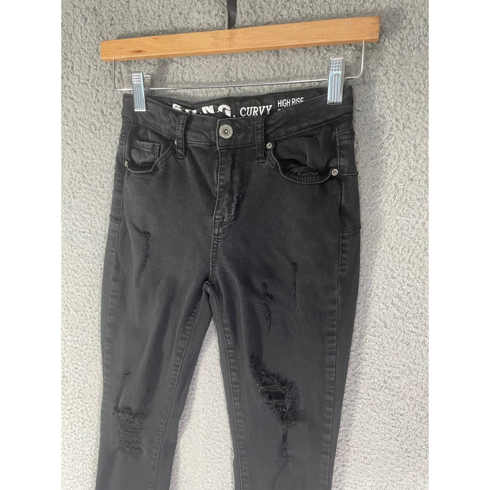 SONG Jeans Womens 1 Curvy High Rise Skinny Black Distressed Raw Hem Ankle - Thumbnail 9