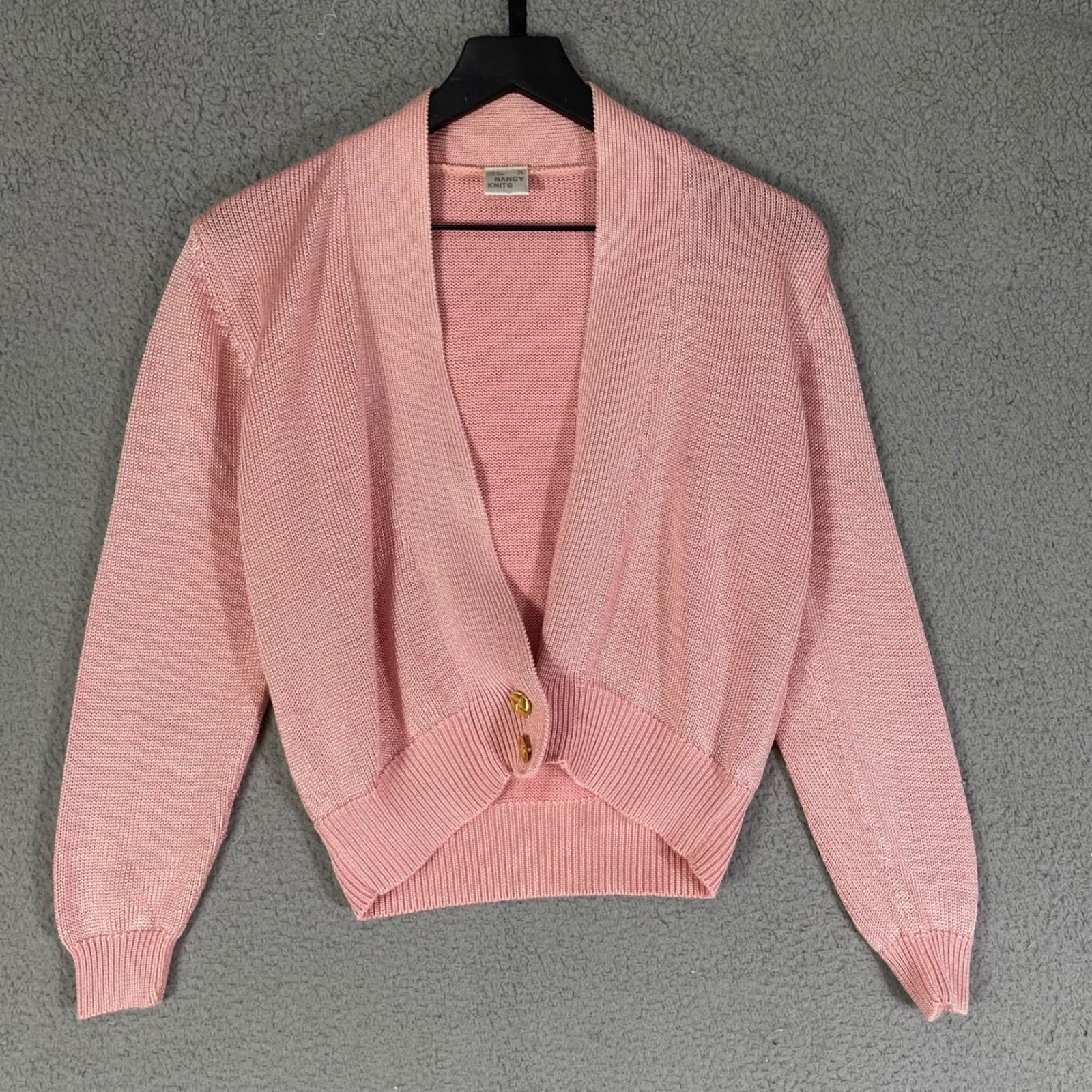 Vintage 80s Pink Cardigan Sweater Womens Small Pastel V Neck Knit Retro - Thumbnail 2