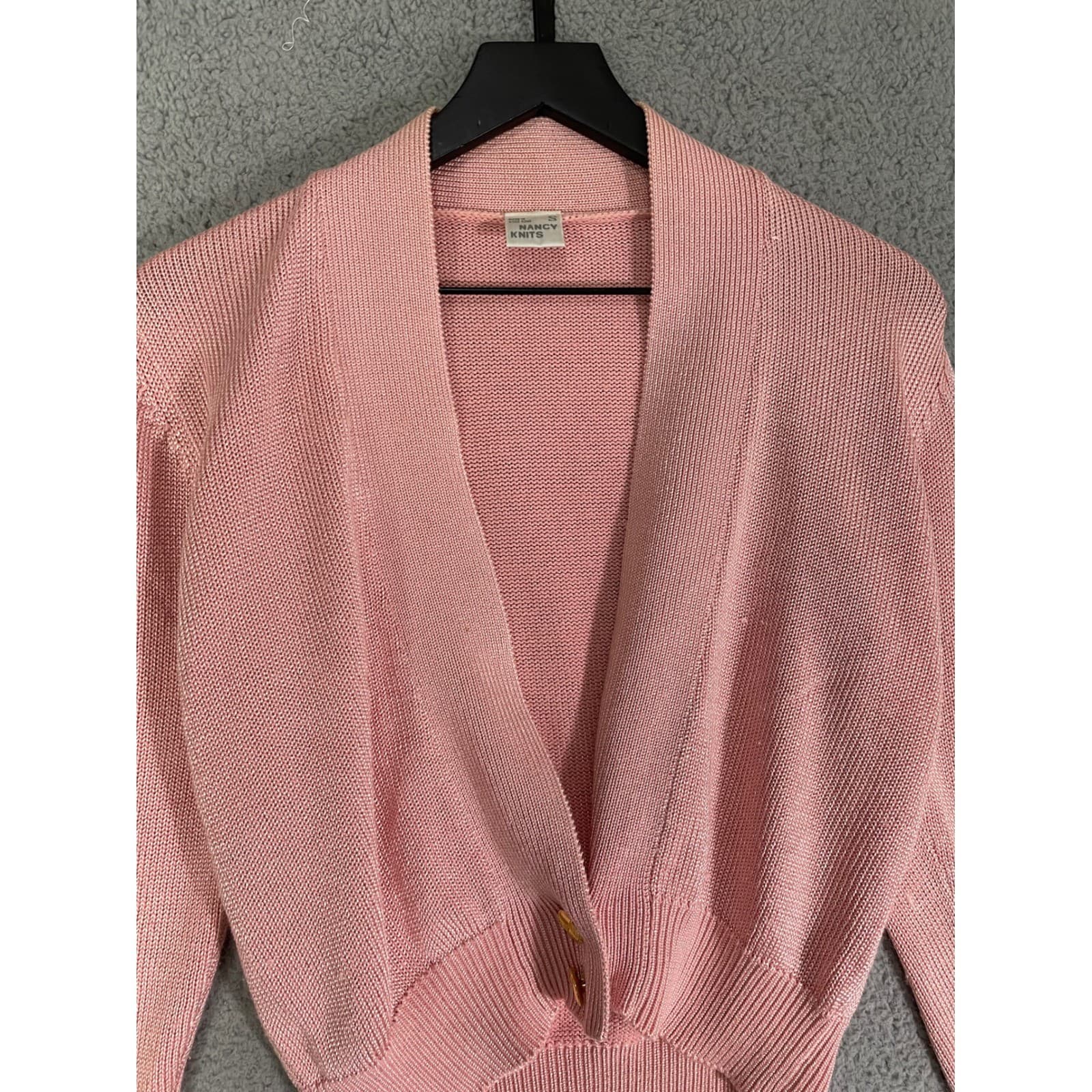 Vintage 80s Pink Cardigan Sweater Womens Small Pastel V Neck Knit Retro - Thumbnail 5