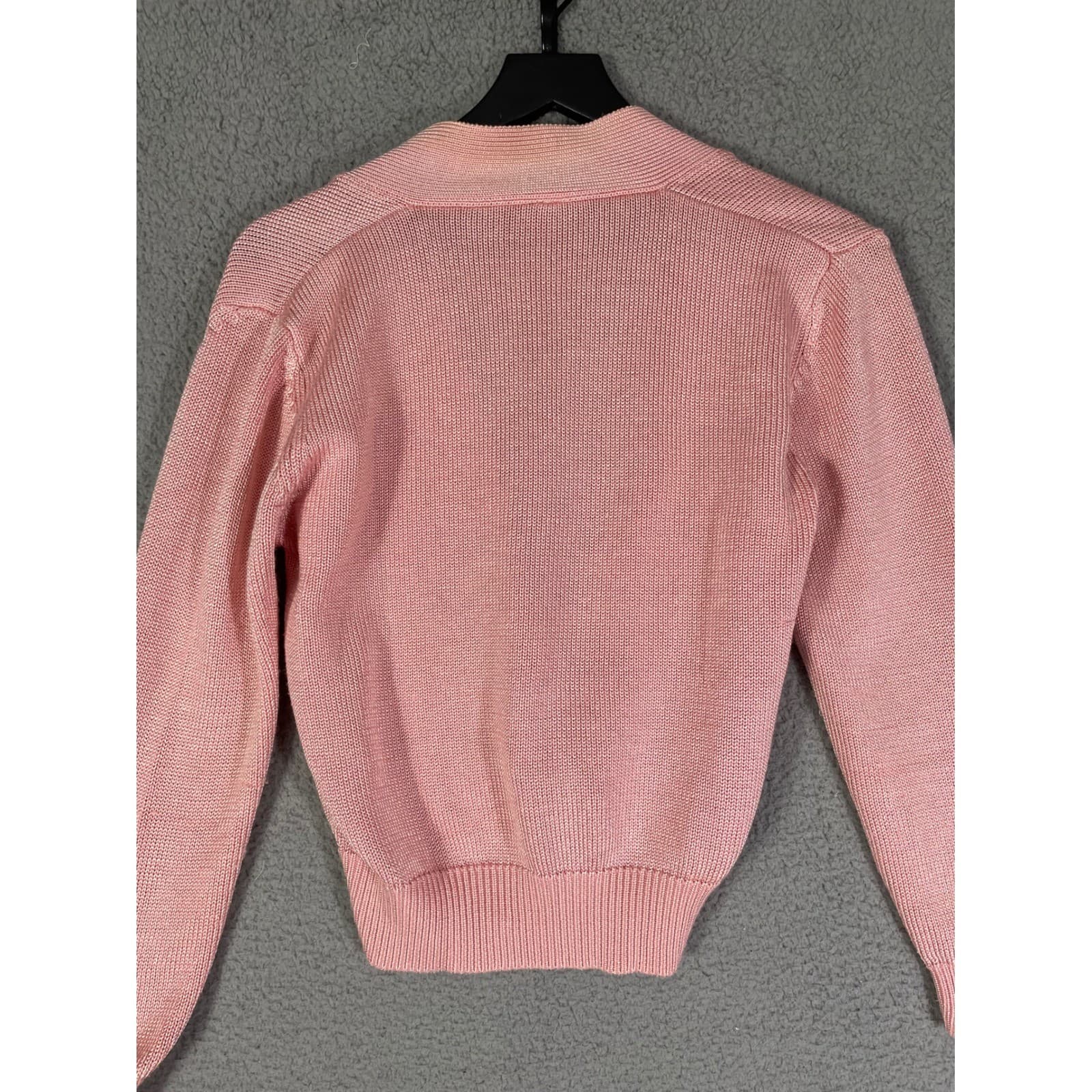 Vintage 80s Pink Cardigan Sweater Womens Small Pastel V Neck Knit Retro - Thumbnail 10