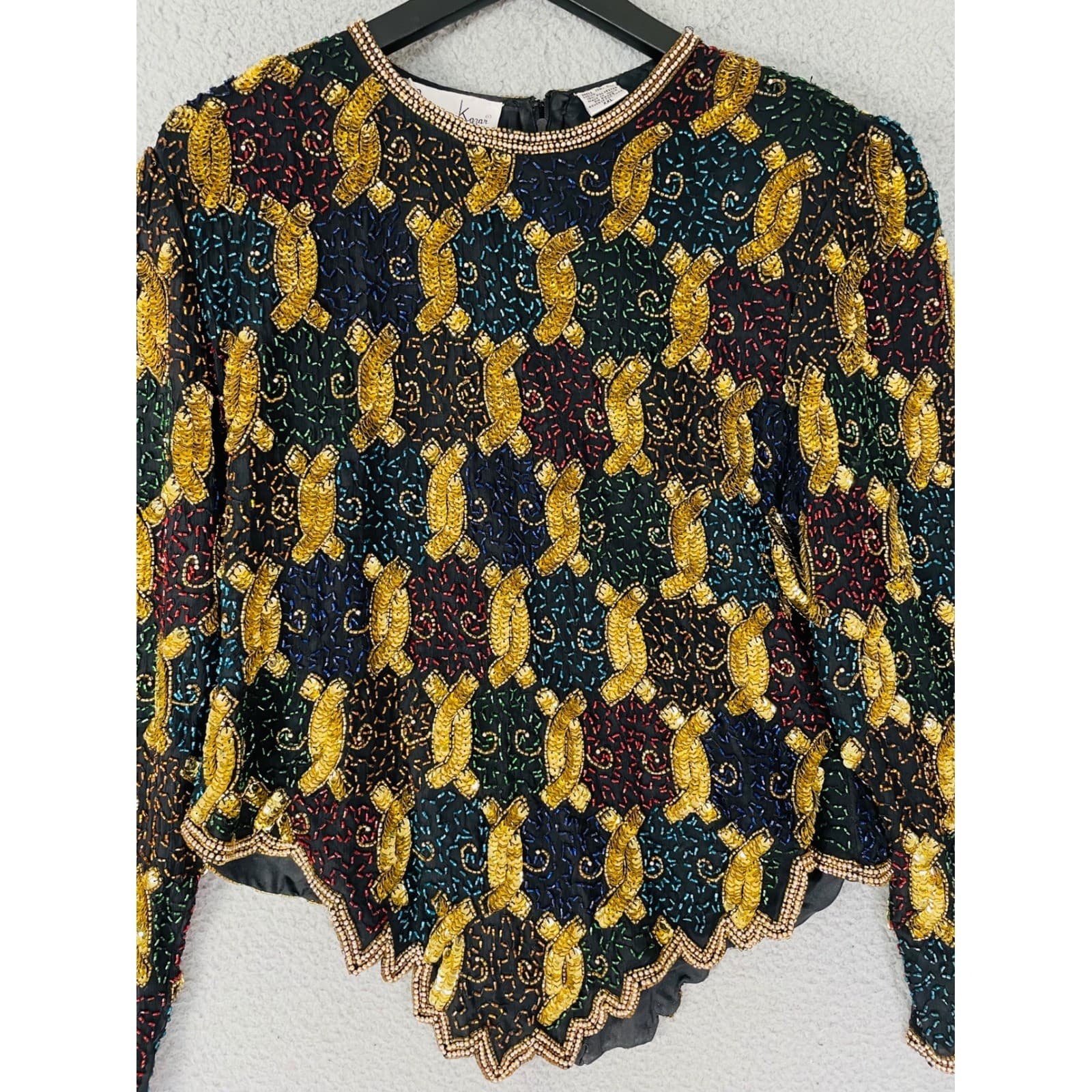 Laurence Kazar Beaded Silk Top Womens XXL Black Gold Vintage 90s Evening - Thumbnail 9