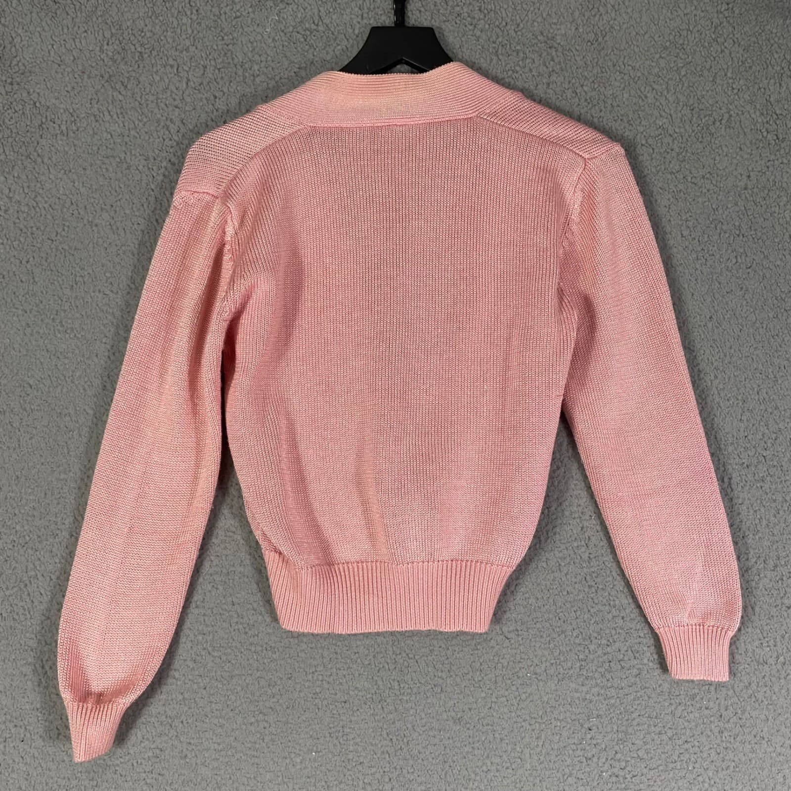 Vintage 80s Pink Cardigan Sweater Womens Small Pastel V Neck Knit Retro - Thumbnail 9