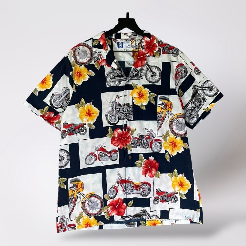RJC Hawaiian Shirt Mens XL Motorcycle Hibiscus Aloha Made In USA Vintage - Thumbnail 2
