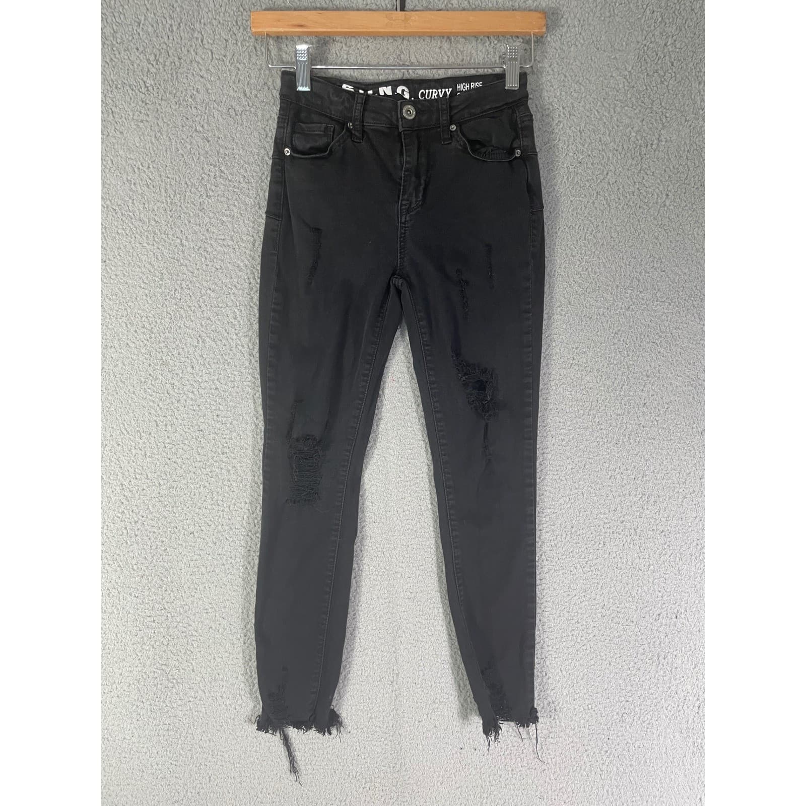 SONG Jeans Womens 1 Curvy High Rise Skinny Black Distressed Raw Hem Ankle - Thumbnail 3