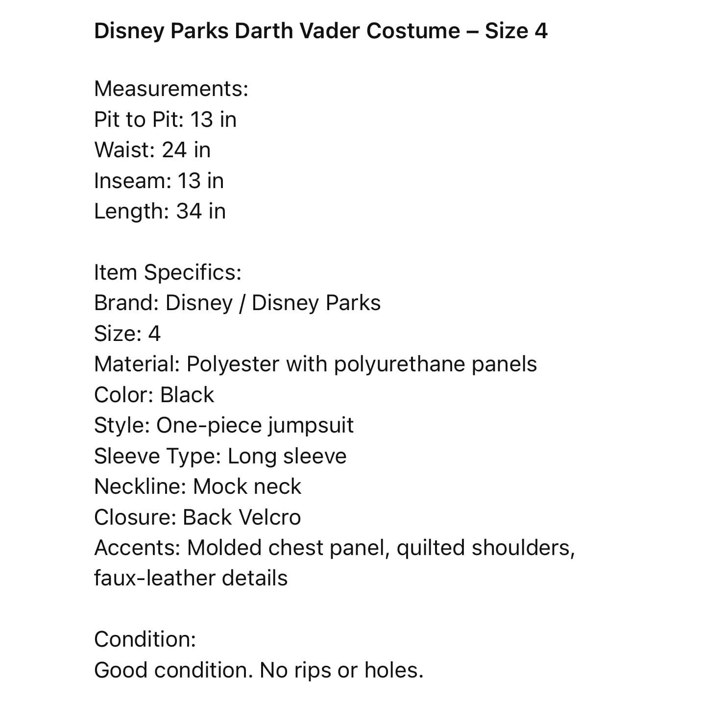 Star Wars Darth Vader Costume Kids Size 4 Disney Parks Jumpsuit Black Silver - Thumbnail 2