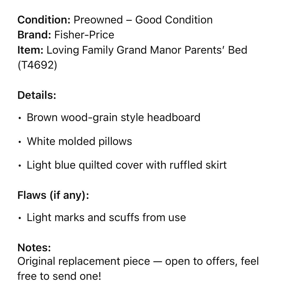 Fisher Price Loving Family Grand Manor Parents Bed T4692 Dollhouse Furniture - Thumbnail 2