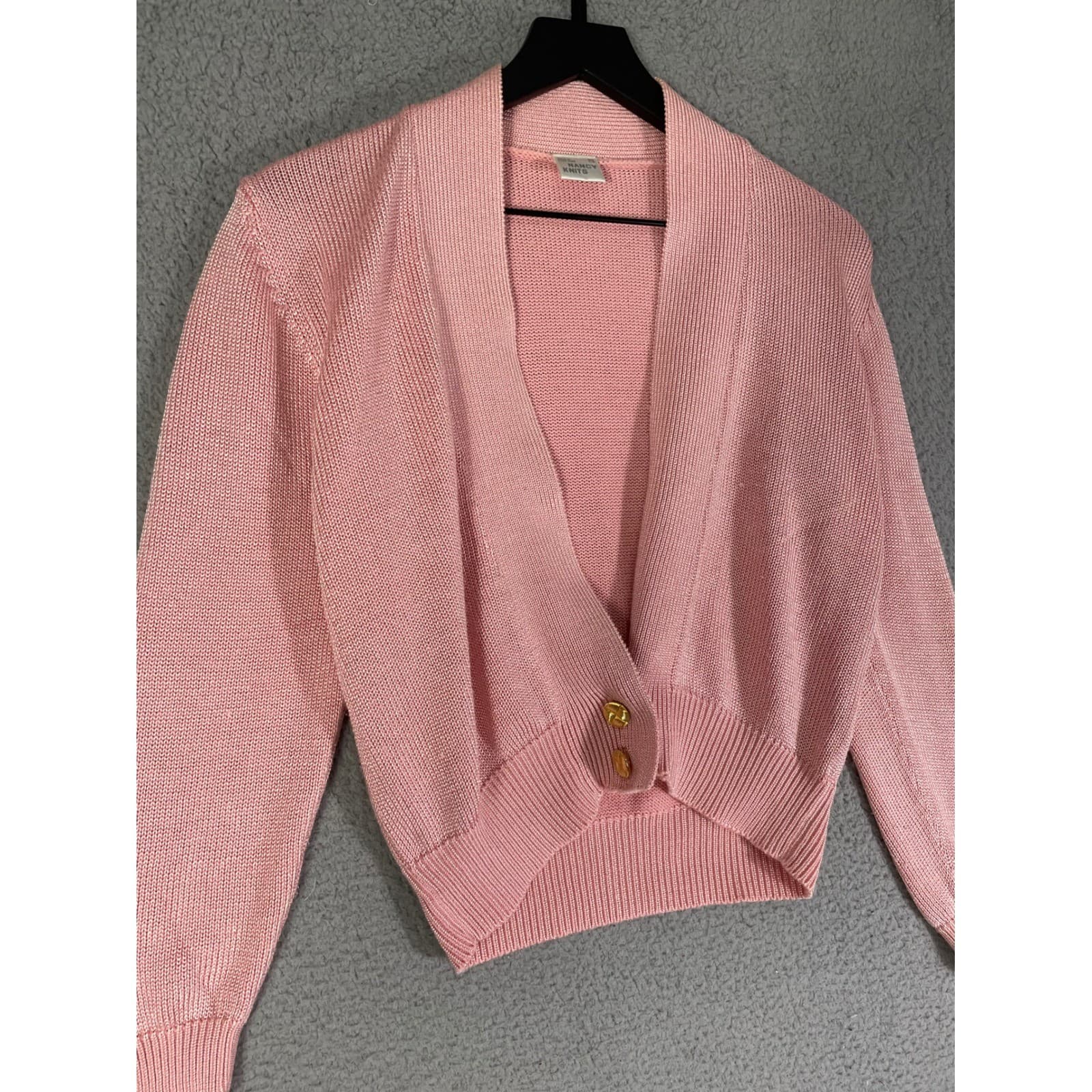 Vintage 80s Pink Cardigan Sweater Womens Small Pastel V Neck Knit Retro - Thumbnail 3
