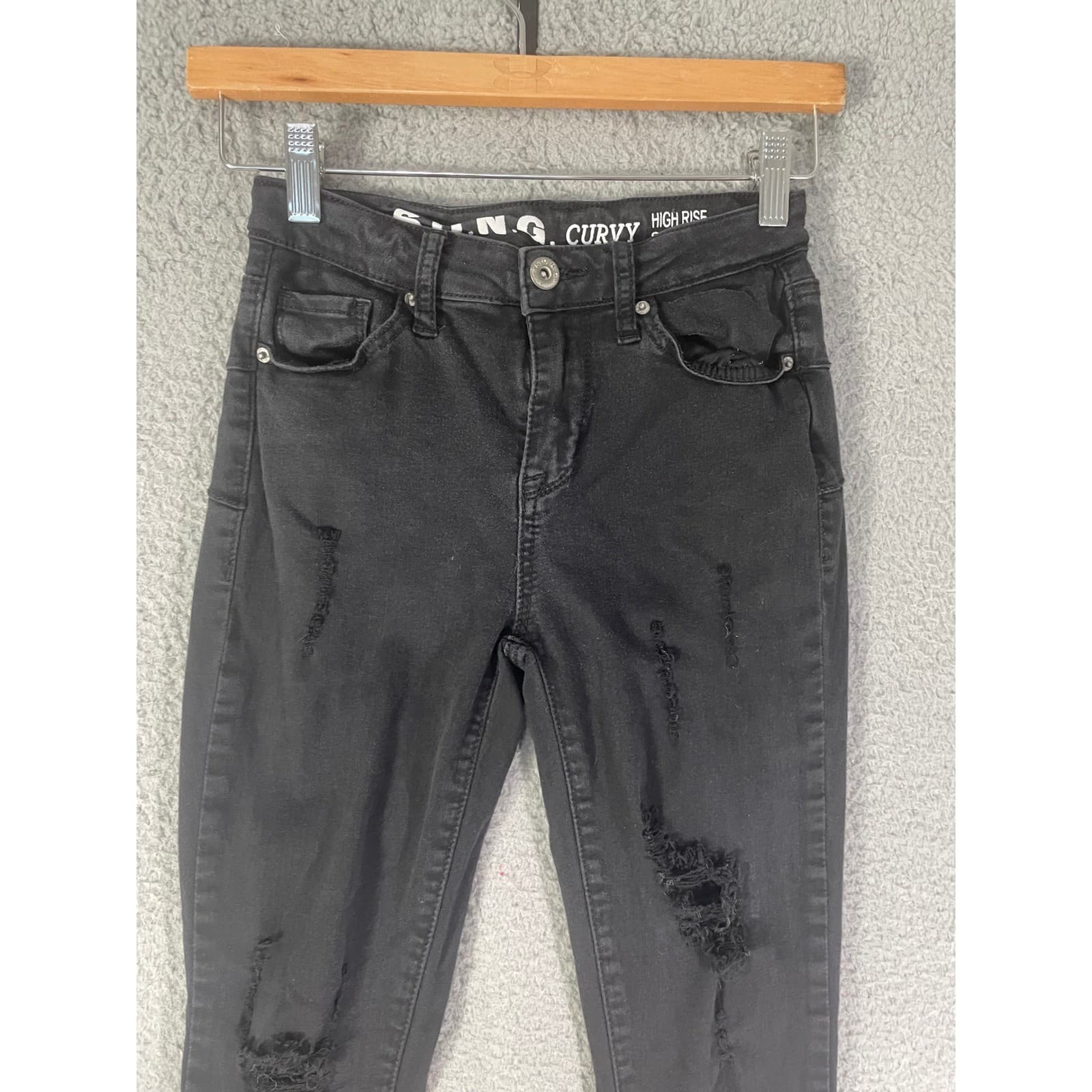 SONG Jeans Womens 1 Curvy High Rise Skinny Black Distressed Raw Hem Ankle - Thumbnail 7