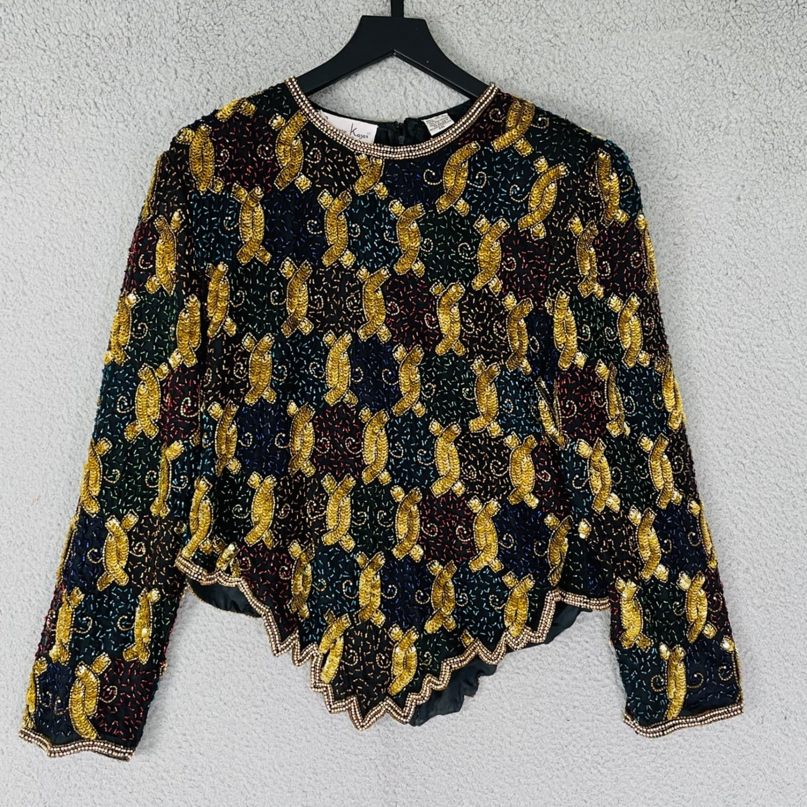 Laurence Kazar Beaded Silk Top Womens XXL Black Gold Vintage 90s Evening - Thumbnail 7