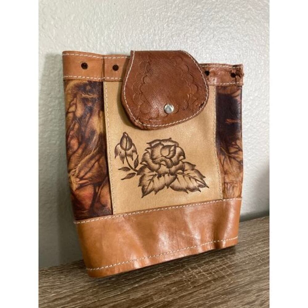 Vintage Mexican Hand-Tooled Leather Backpack Brown Floral Design - Thumbnail 3