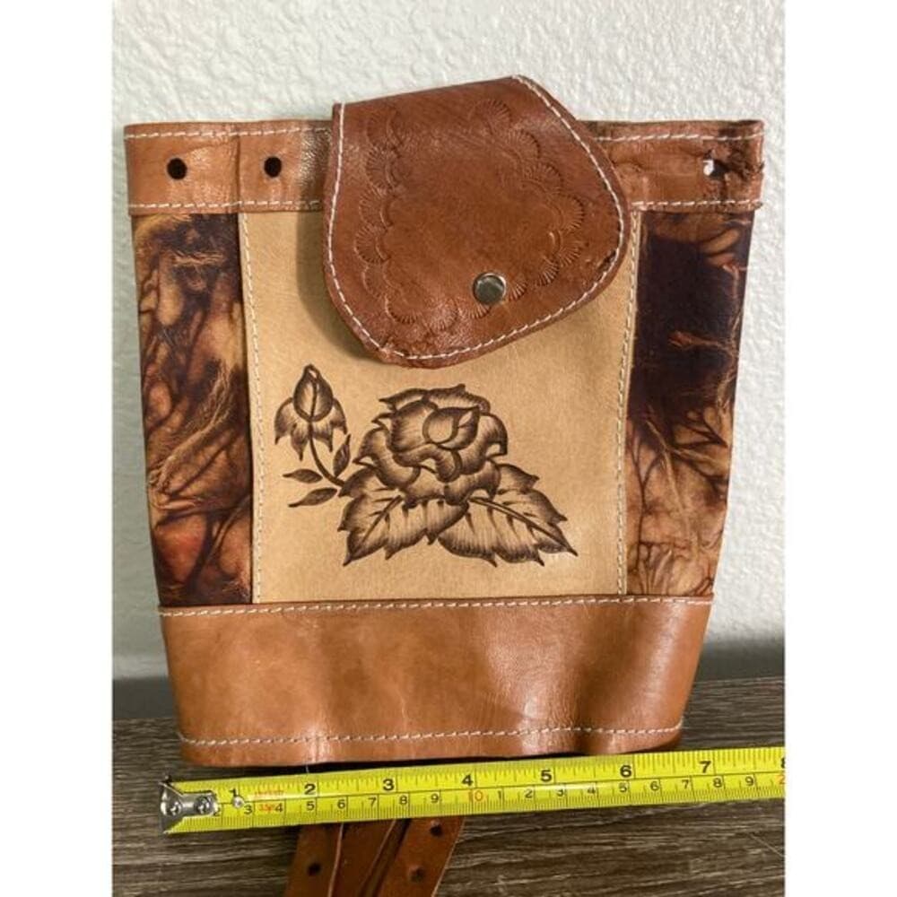 Vintage Mexican Hand-Tooled Leather Backpack Brown Floral Design - Thumbnail 7