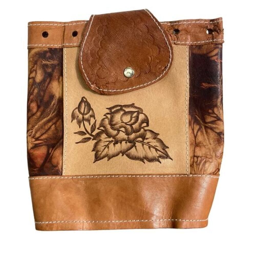 Vintage Mexican Hand-Tooled Leather Backpack Brown Floral Design - Thumbnail 2
