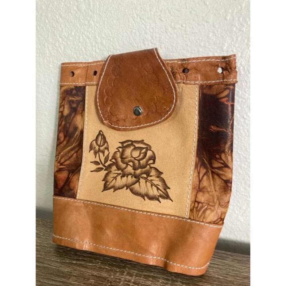 Vintage Mexican Hand-Tooled Leather Backpack Brown Floral Design - Thumbnail 5