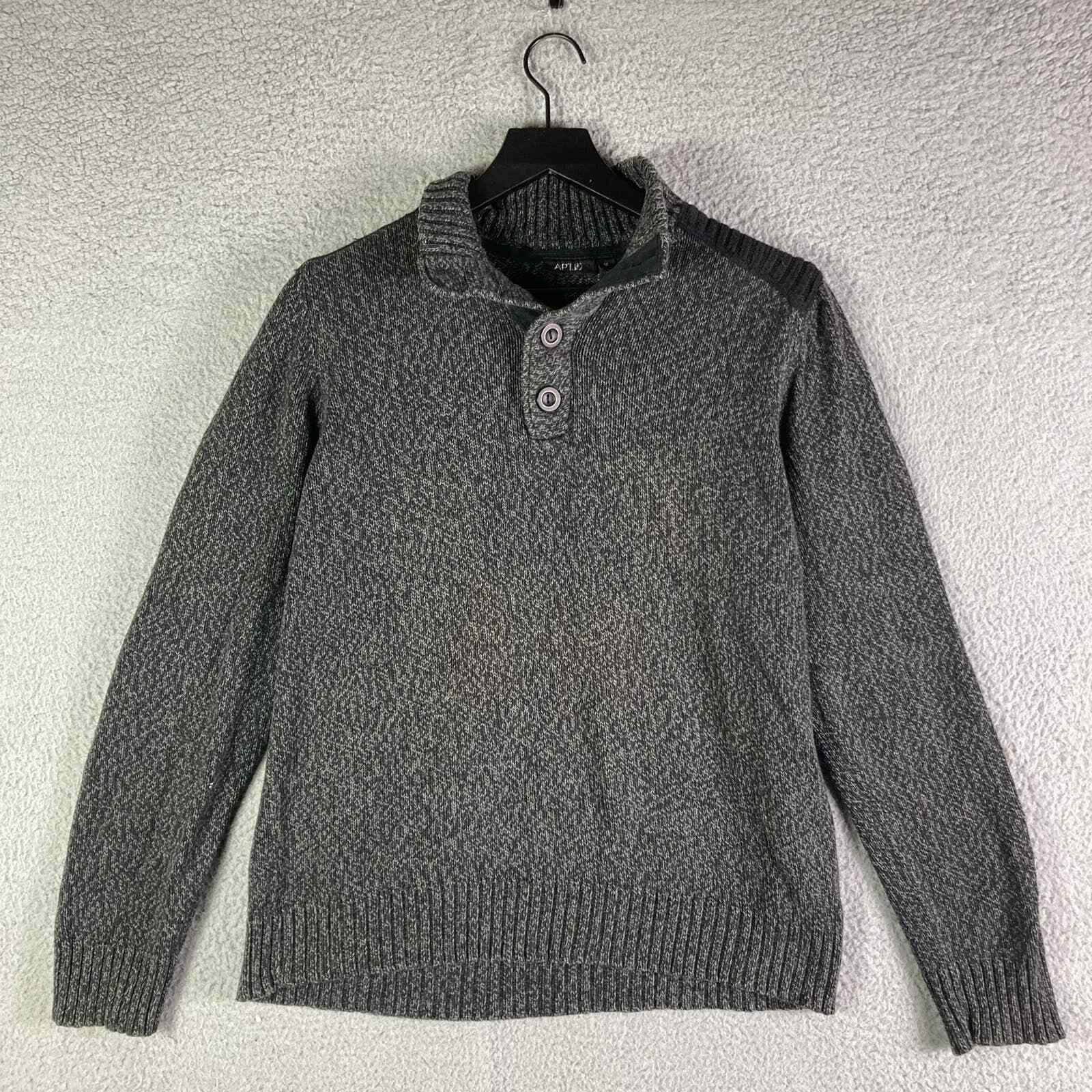 Sweater Mens Gray Pullover Size Medium 1/4 Button Knit Cotton Casual Warm - Thumbnail 3
