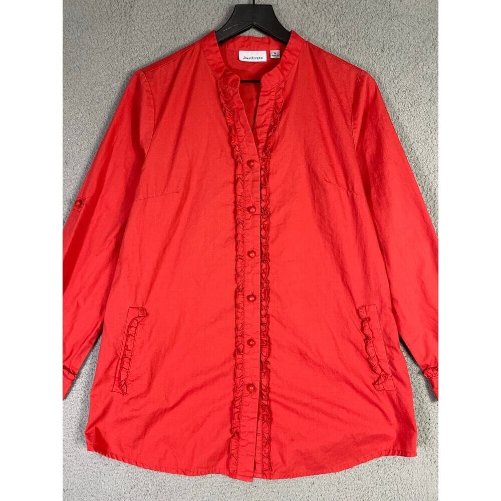 Joan Rivers Red Ruffle Button Blouse M Medium Cotton Blend Long Sleeve Top - Thumbnail 2