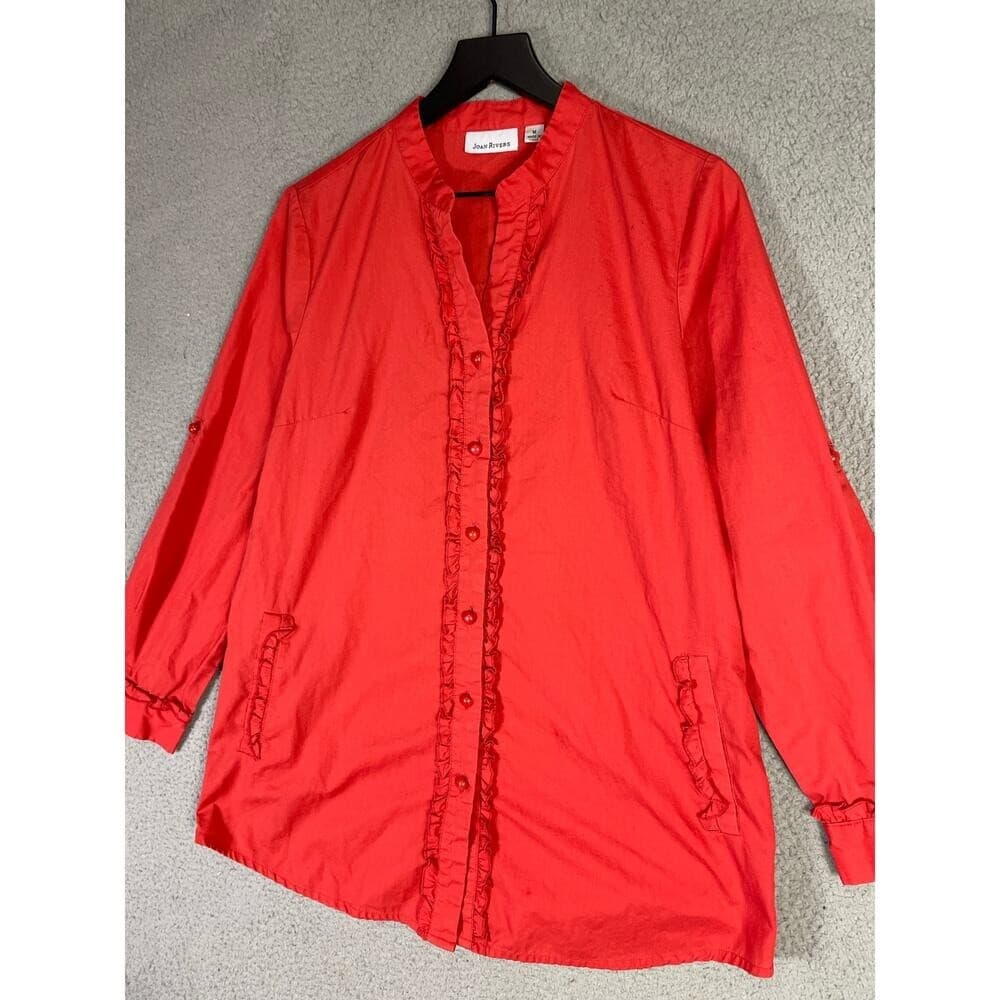 Joan Rivers Red Ruffle Button Blouse M Medium Cotton Blend Long Sleeve Top - Thumbnail 4