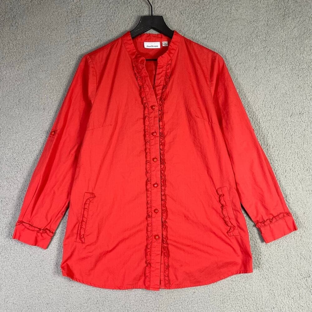 Joan Rivers Red Ruffle Button Blouse M Medium Cotton Blend Long Sleeve Top