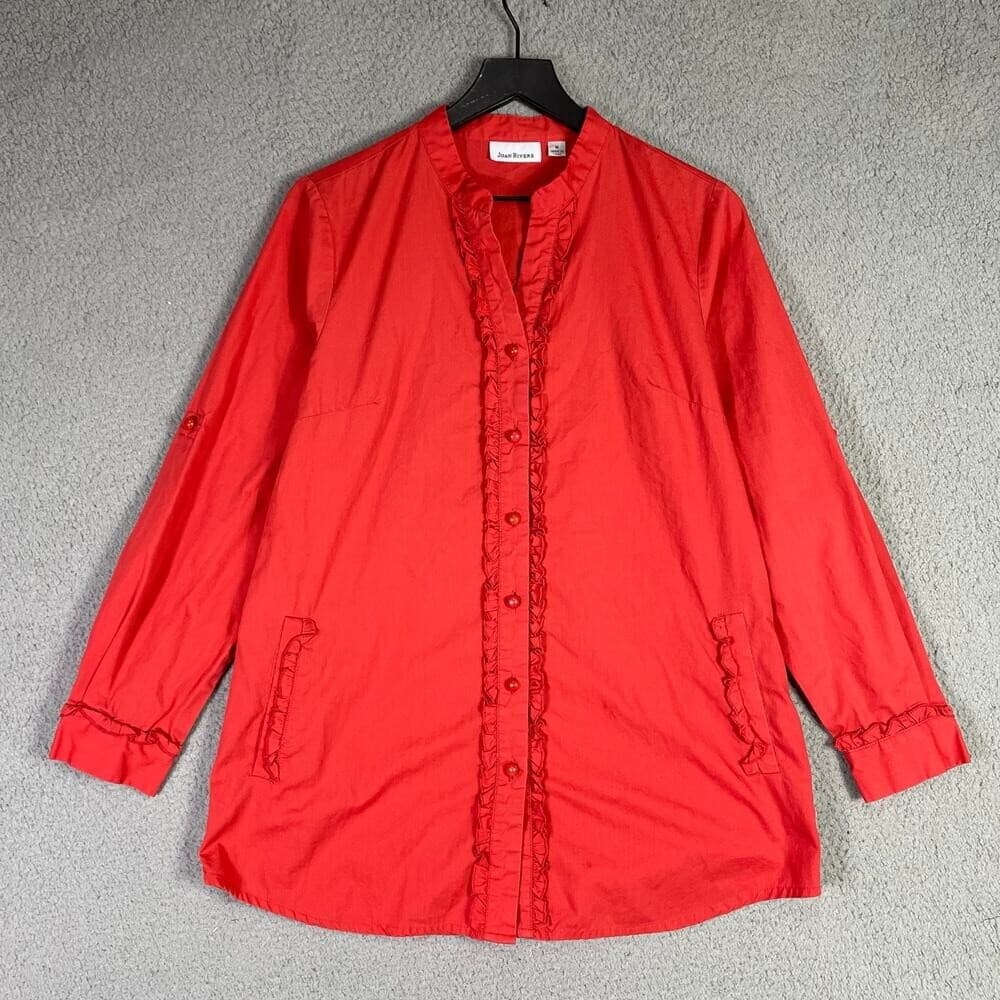 Joan Rivers Red Ruffle Button Blouse M Medium Cotton Blend Long Sleeve Top - Thumbnail 7