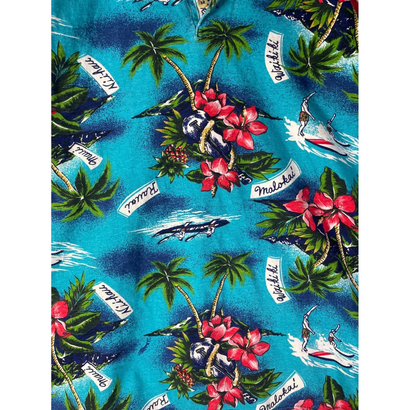Mens Medium Hawaiian Shirt Blue Tropical Palm Tree Floral Beach Polo Shirt - Thumbnail 5