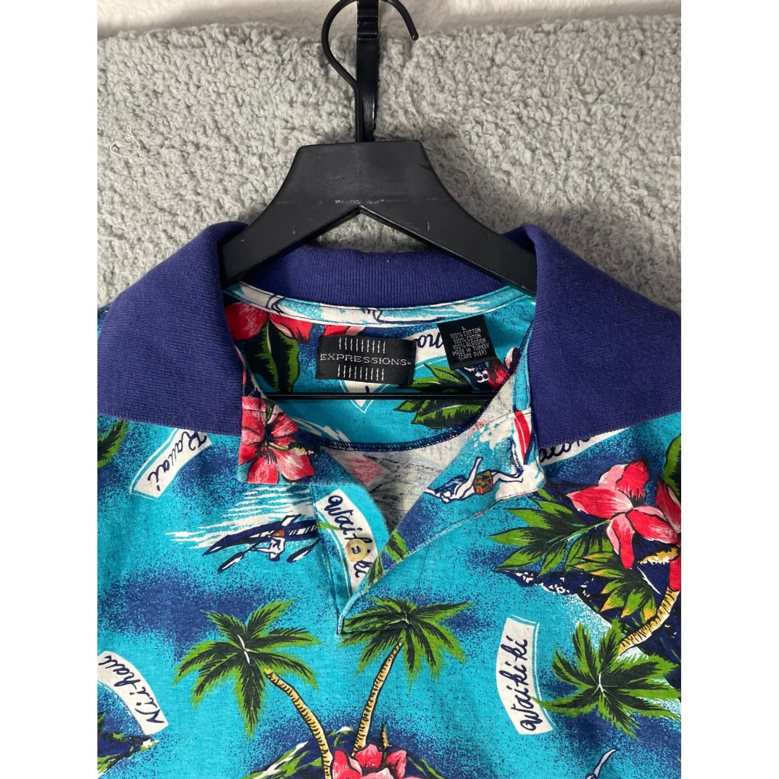 Mens Medium Hawaiian Shirt Blue Tropical Palm Tree Floral Beach Polo Shirt - Thumbnail 7
