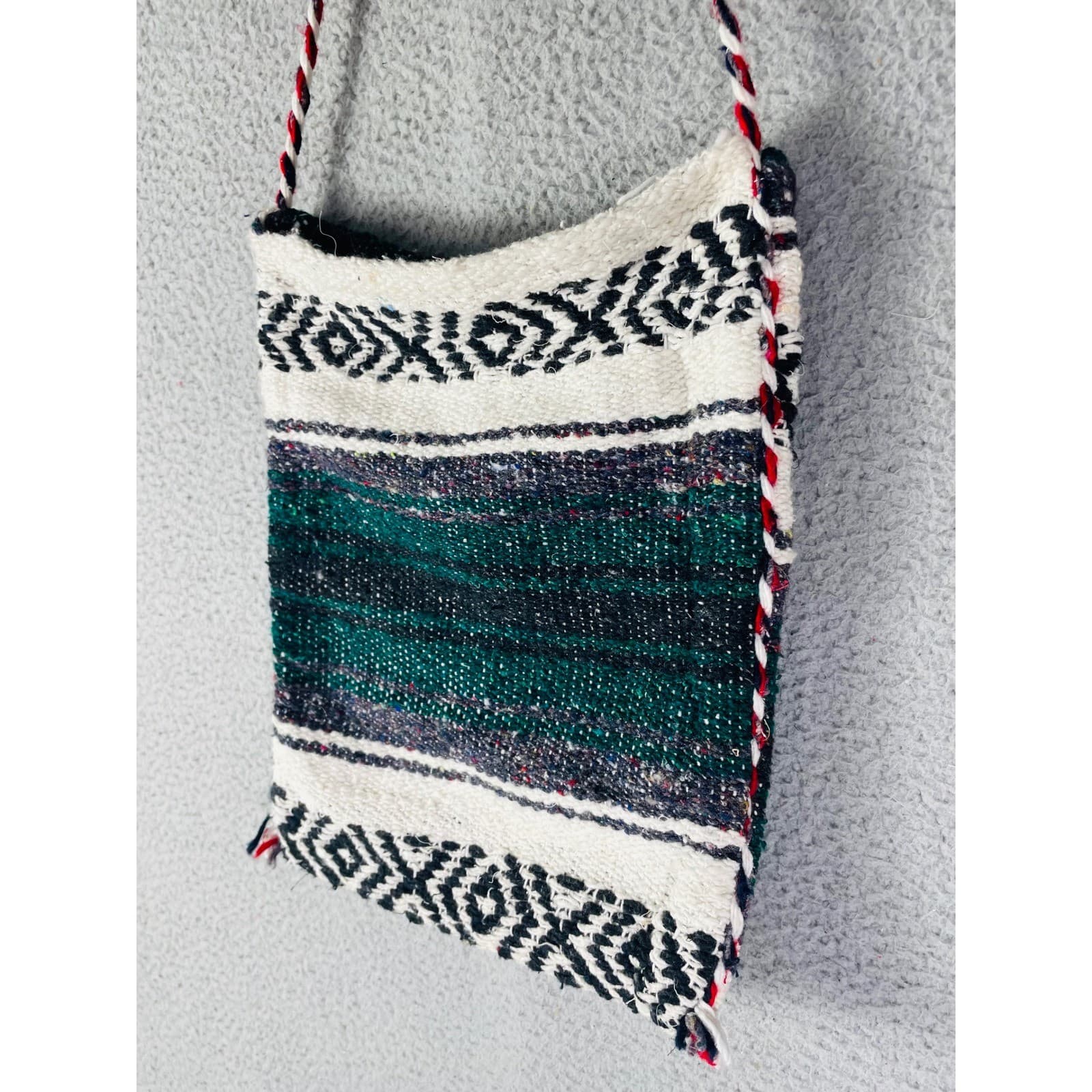 Vintage Woven Baja Crossbody Bag Green Teal Black Geometric Boho Festival Purse - Thumbnail 4