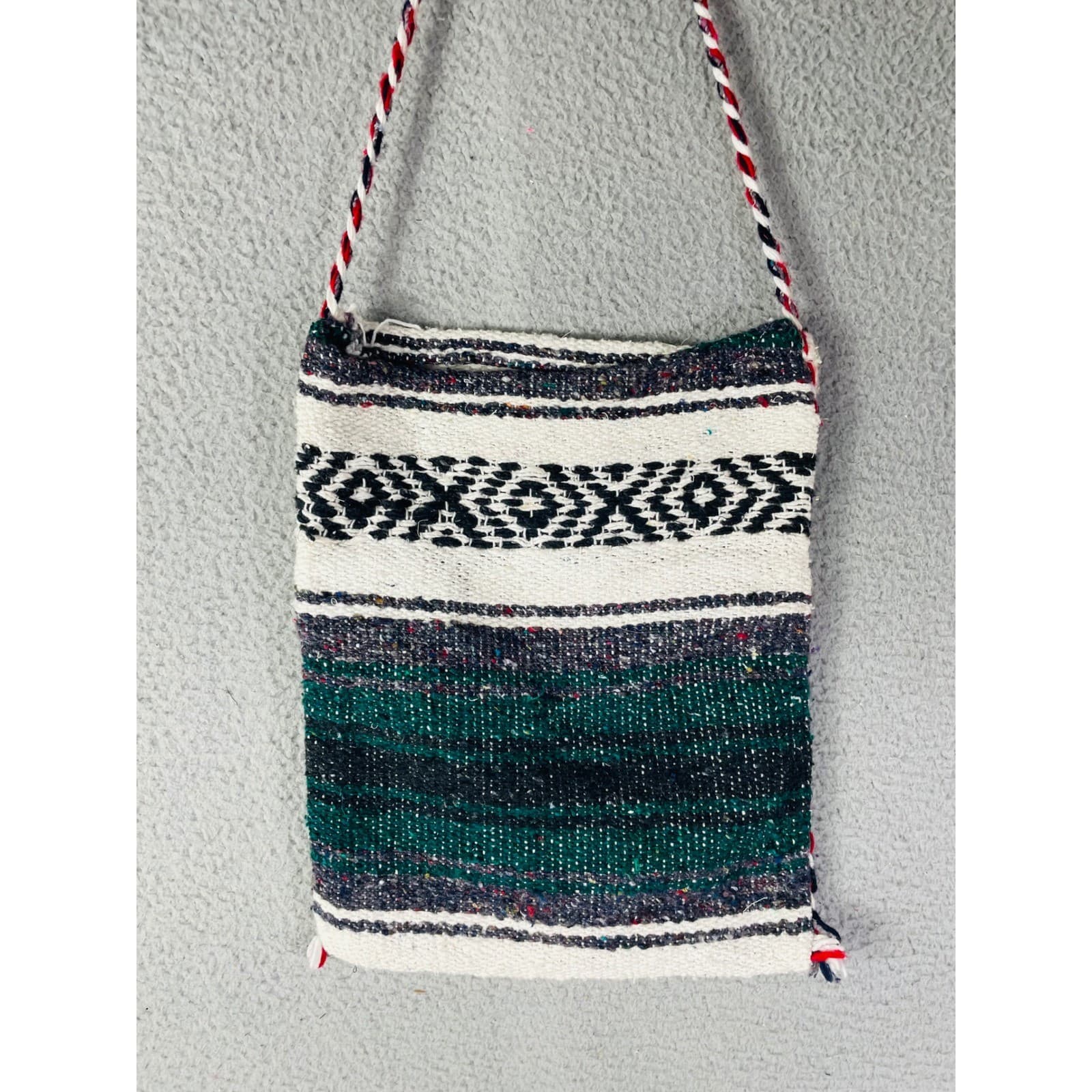 Vintage Woven Baja Crossbody Bag Green Teal Black Geometric Boho Festival Purse - Thumbnail 6