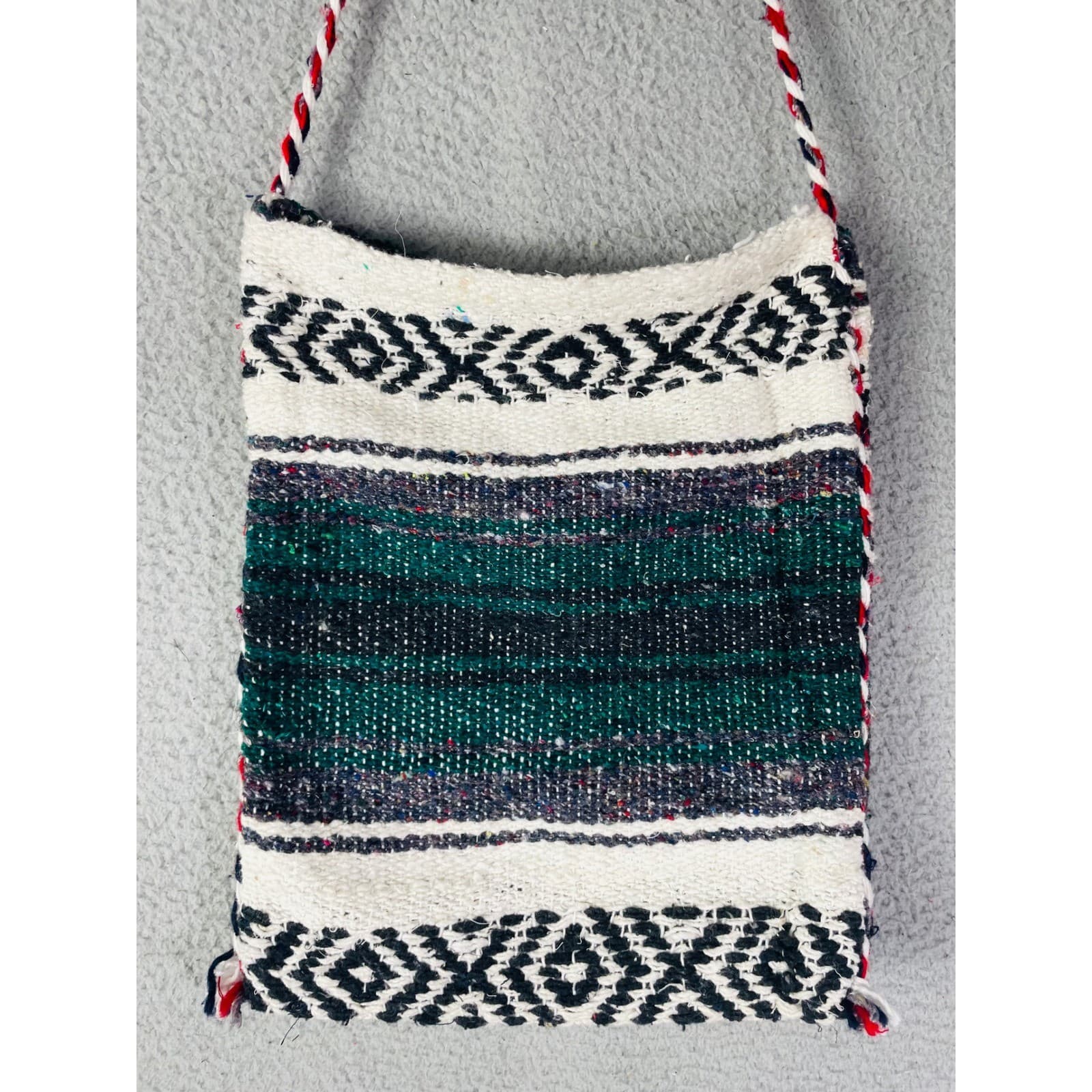 Vintage Woven Baja Crossbody Bag Green Teal Black Geometric Boho Festival Purse - Thumbnail 3