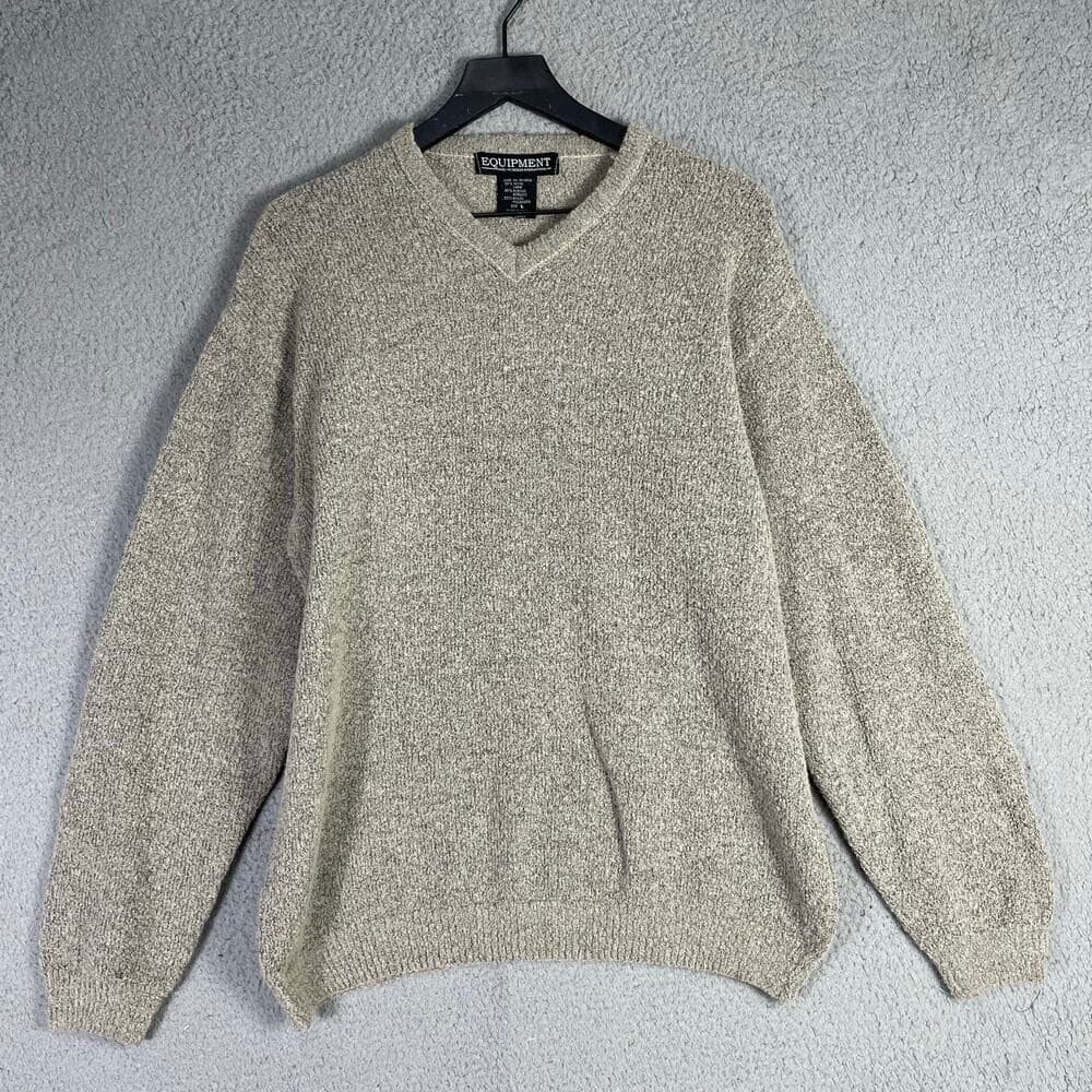 Vintage Equipment Wool Blend Sweater Gray Italy V Neck Pullover Men's L - Thumbnail 5