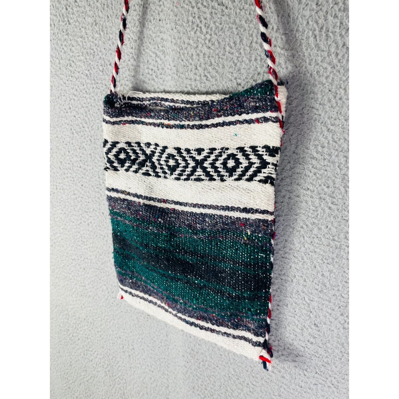 Vintage Woven Baja Crossbody Bag Green Teal Black Geometric Boho Festival Purse - Thumbnail 8