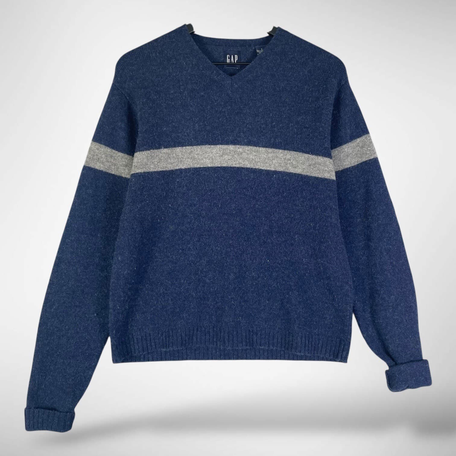 GAP Men's V Neck Lambswool Sweater Blue Gray Stripe Pullover Small - Thumbnail 2