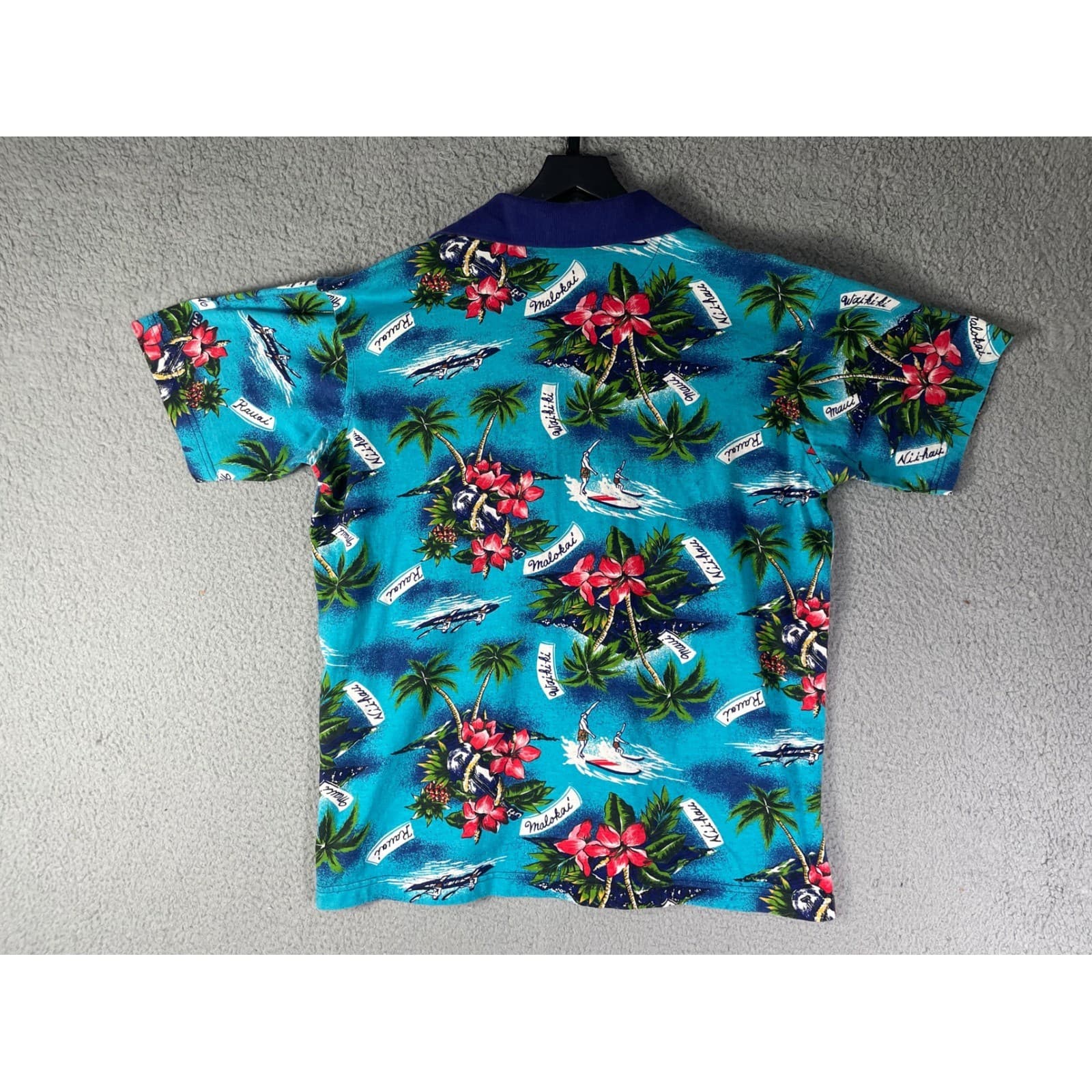 Mens Medium Hawaiian Shirt Blue Tropical Palm Tree Floral Beach Polo Shirt - Thumbnail 6