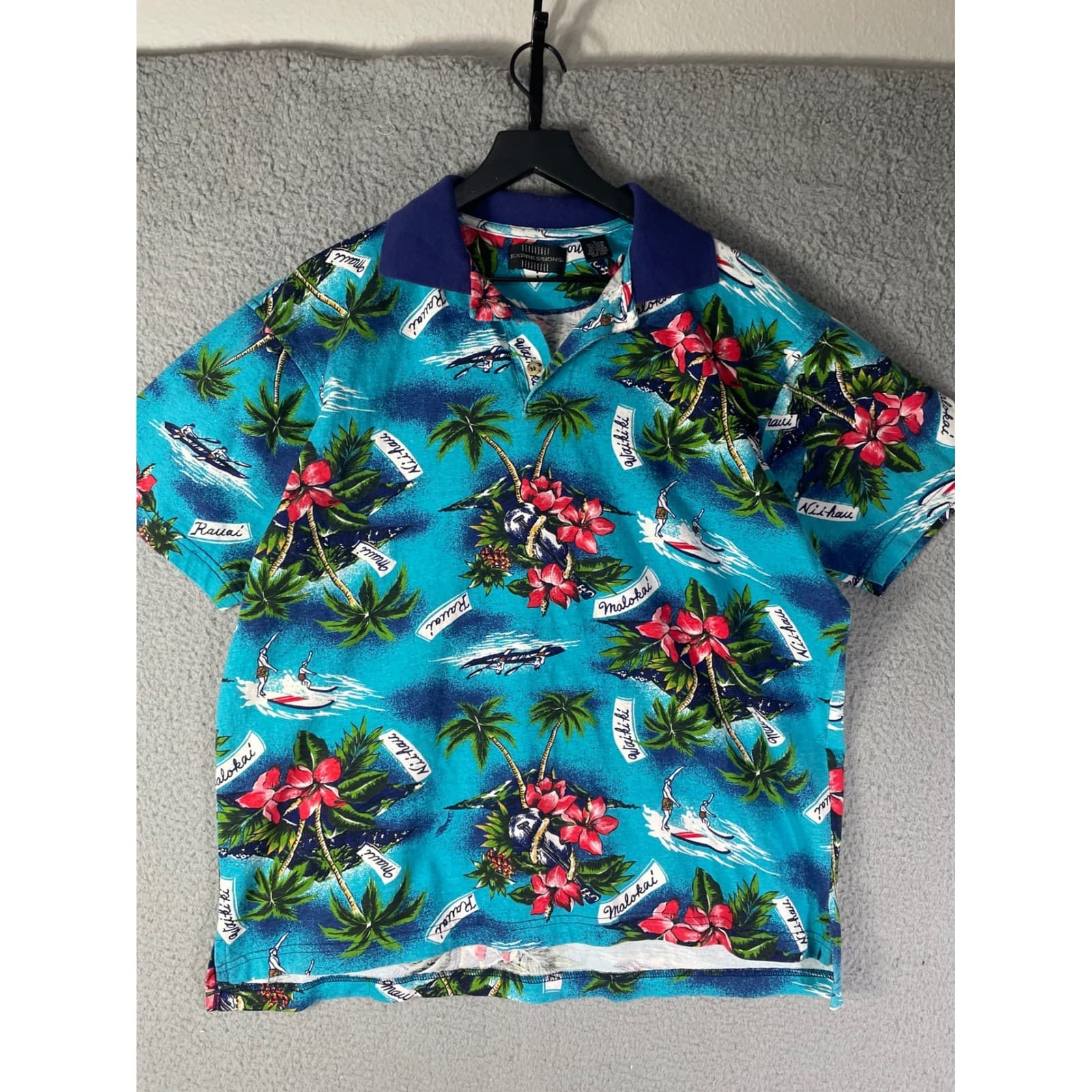 Mens Medium Hawaiian Shirt Blue Tropical Palm Tree Floral Beach Polo Shirt - Thumbnail 4