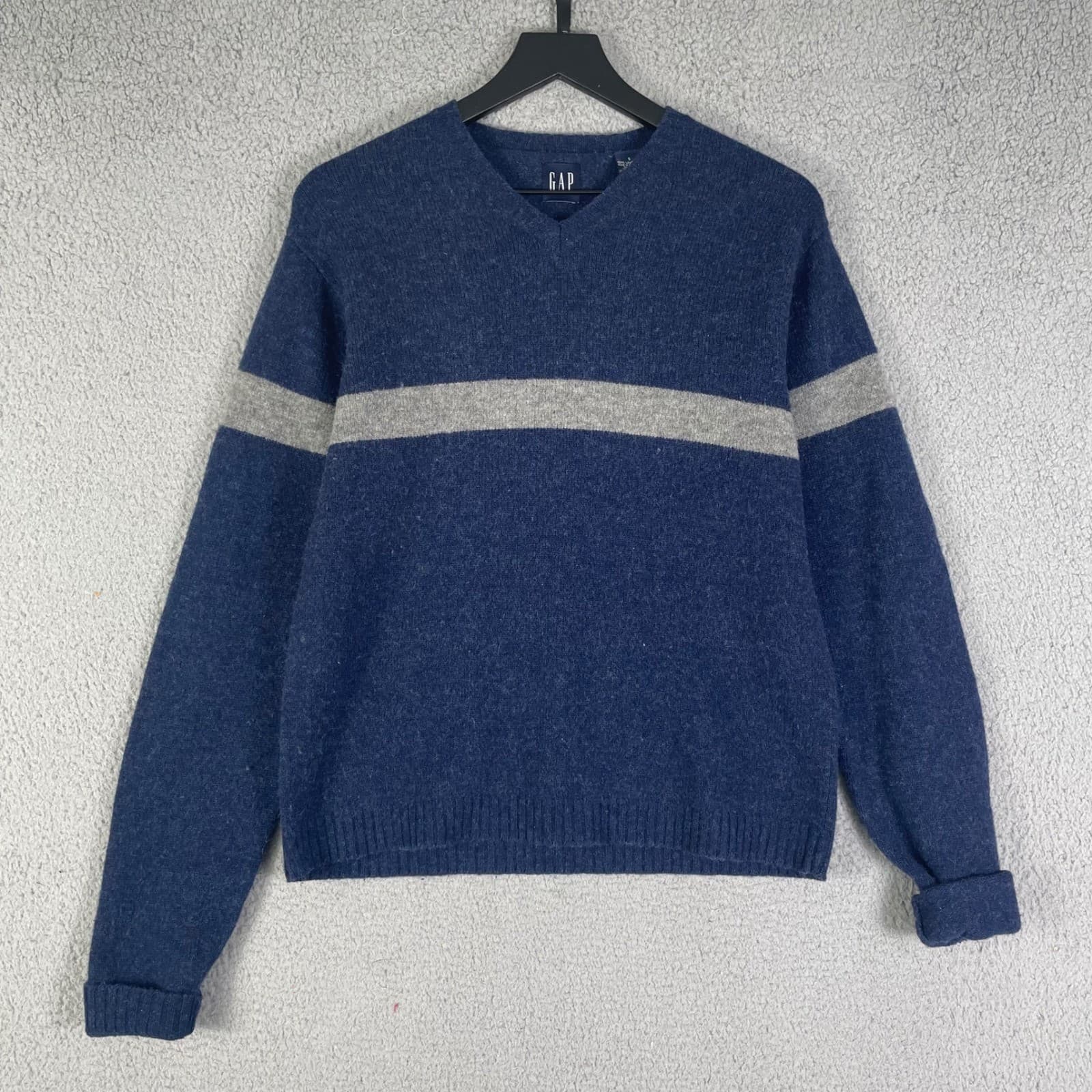 GAP Men's V Neck Lambswool Sweater Blue Gray Stripe Pullover Small - Thumbnail 5