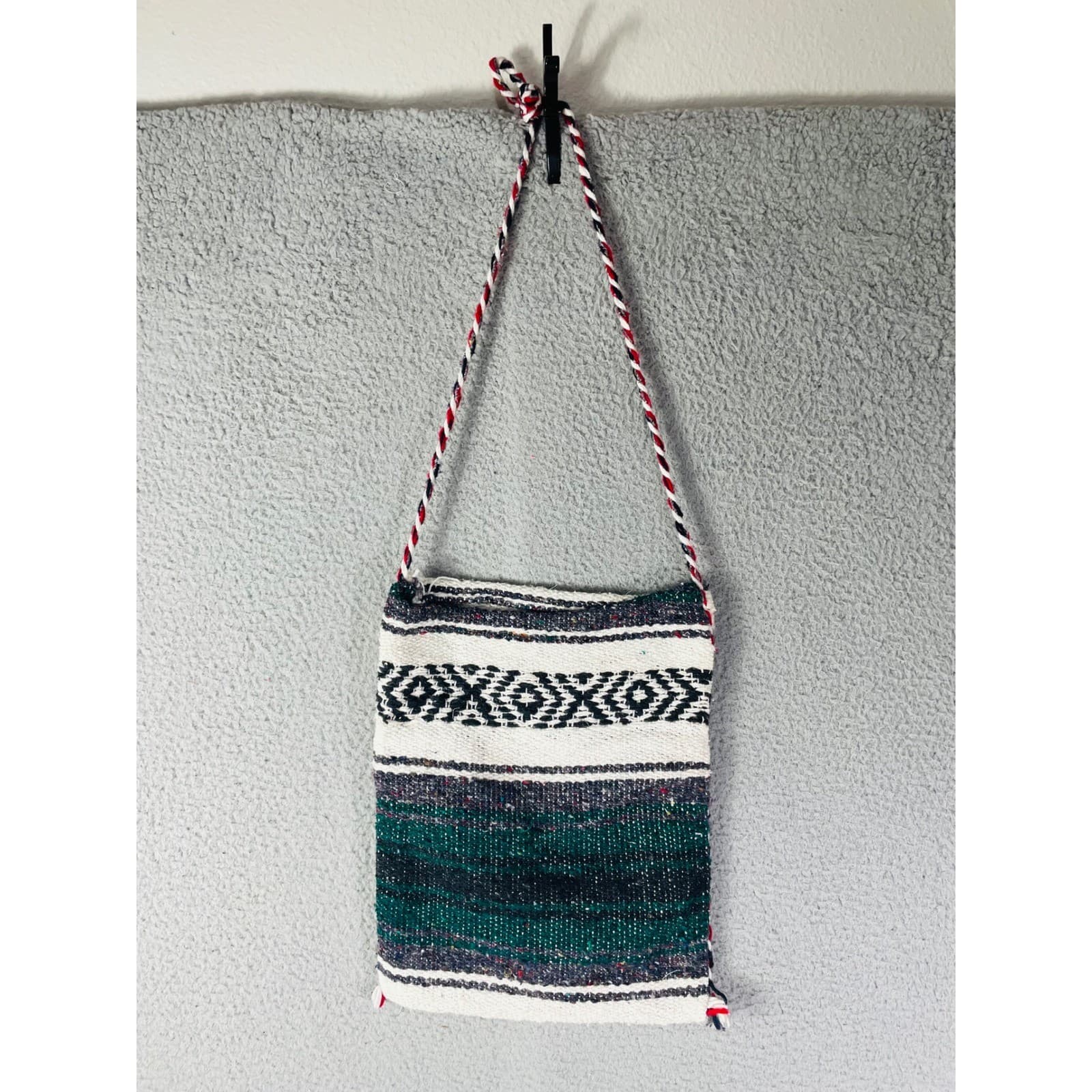 Vintage Woven Baja Crossbody Bag Green Teal Black Geometric Boho Festival Purse - Thumbnail 7