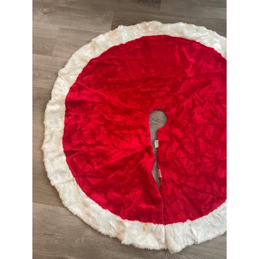 Vintage Christmas Tree Skirt 44 Red White Faux Fur Santa Plush Xmas Decor - Thumbnail 6