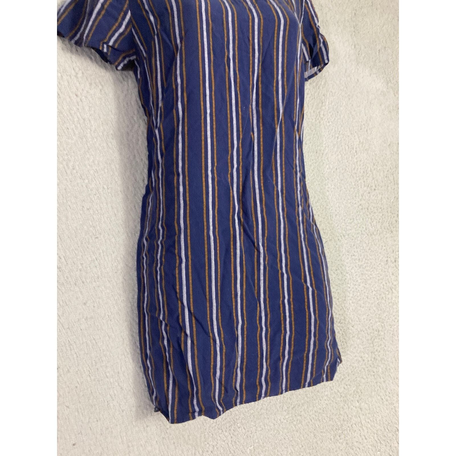 Forever 21 Women's XL 100% Rayon Blue Striped Knee Length Shirt Dress Casual - Thumbnail 4