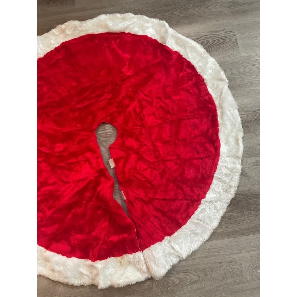 Vintage Christmas Tree Skirt 44 Red White Faux Fur Santa Plush Xmas Decor - Thumbnail 7