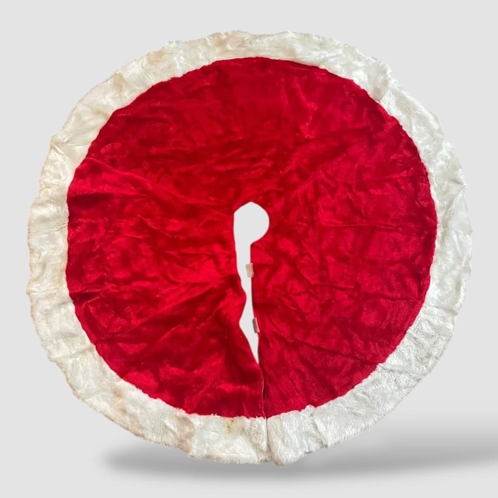 Vintage Christmas Tree Skirt 44 Red White Faux Fur Santa Plush Xmas Decor - Thumbnail 2