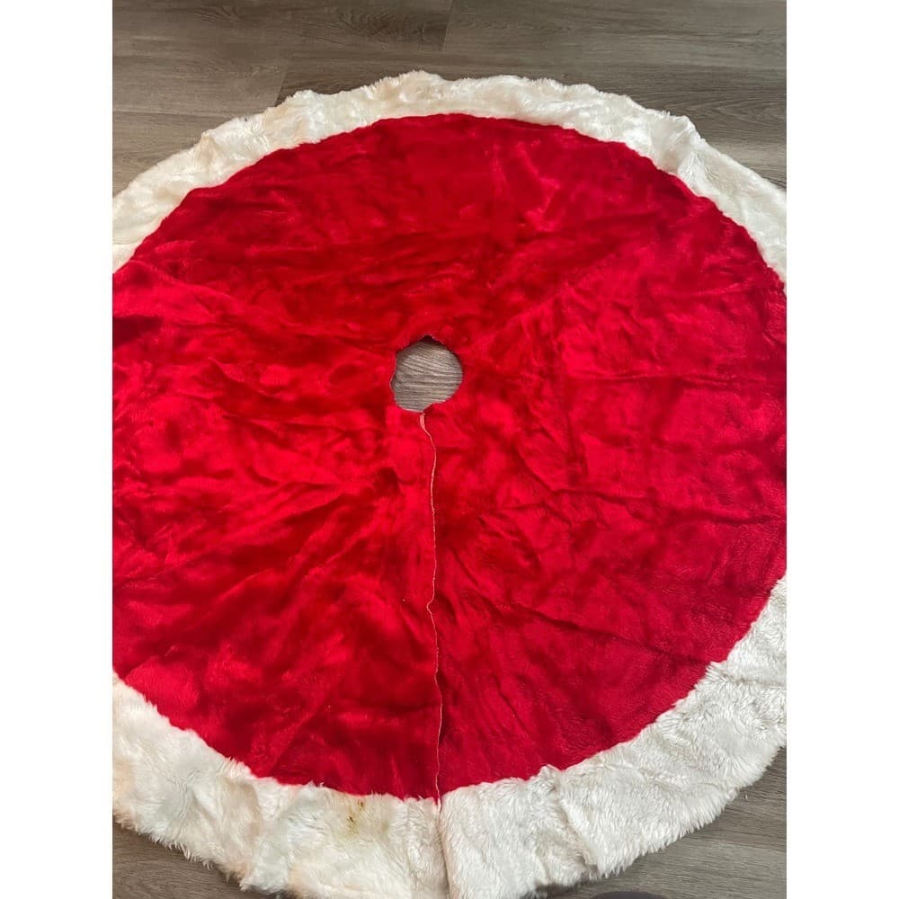 Vintage Christmas Tree Skirt 44 Red White Faux Fur Santa Plush Xmas Decor - Thumbnail 10