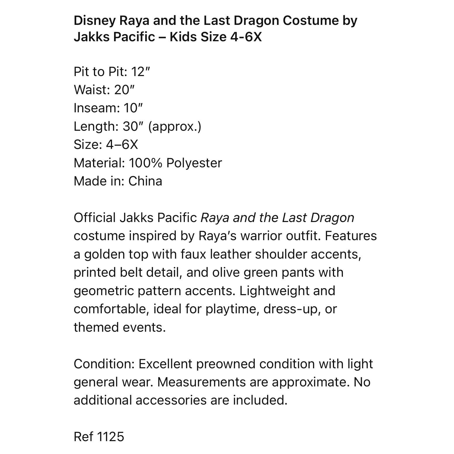 Disney Raya Costume Kids 4-6X Warrior Jumpsuit Jakks Pacific Outfit - Thumbnail 2